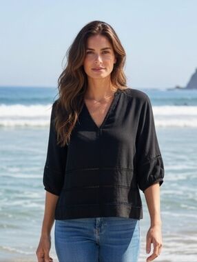 Maette - NWT, Black V-Neck Blouse, Embroidered Embellishments, Short Sleeves,...